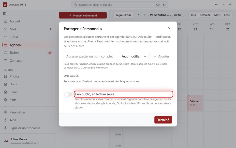 L’interrupteur « Lien public, en lecture seule »