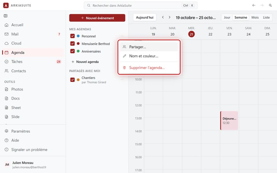 Le menu des trois points : « Partager… », « Nom et couleur… », « Supprimer l’agenda… »