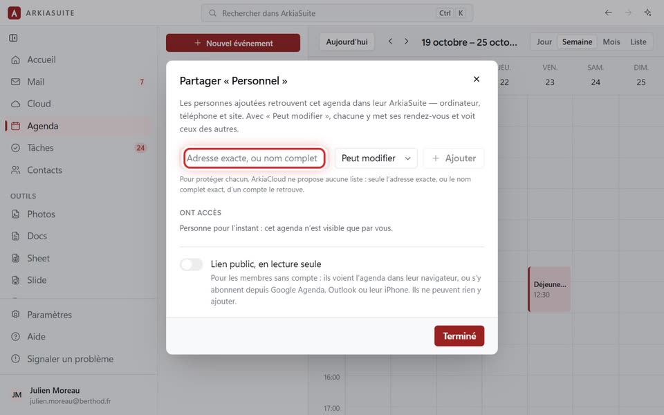 La fenêtre « Partager », le champ où taper l’adresse