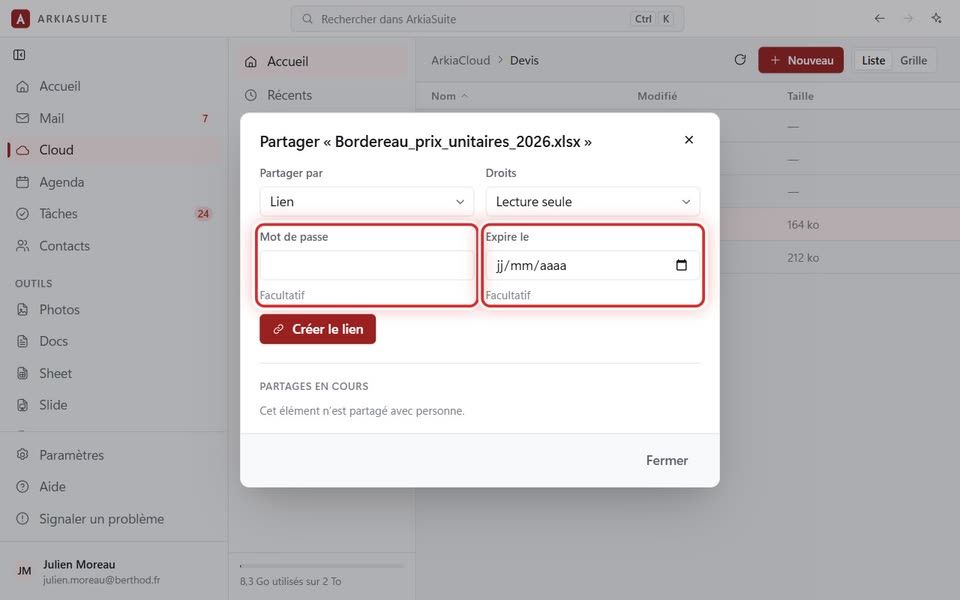 La fenêtre « Partager » : « Mot de passe » et « Expire le »