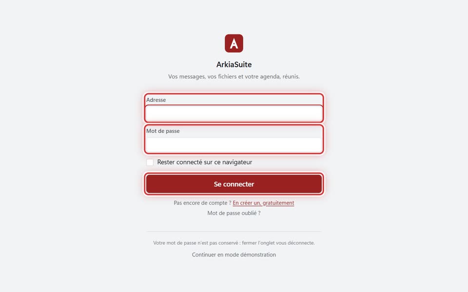 « Adresse », « Mot de passe » et « Se connecter » (ici dans un navigateur)