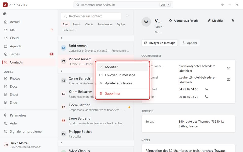 Le clic droit sur un contact : « Modifier », « Envoyer un message », « Ajouter aux favoris », « Supprimer »