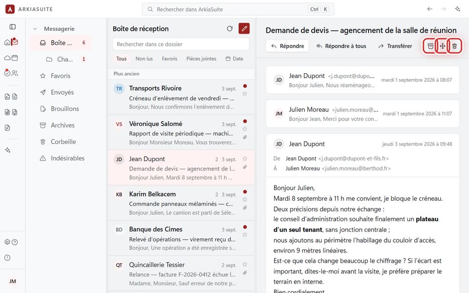 « Archiver », « Déplacer vers un dossier » et « Supprimer », au-dessus du message