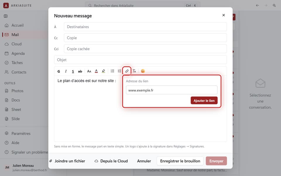 Le maillon « Ajouter un lien », puis « Adresse du lien »
