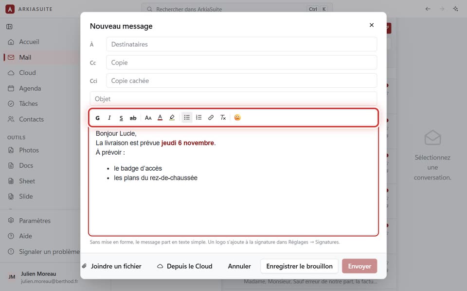 La barre de mise en forme, au-dessus du texte du message