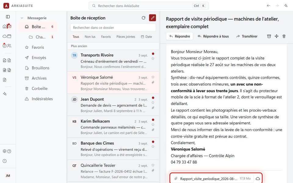 Une pièce jointe, en bas du message