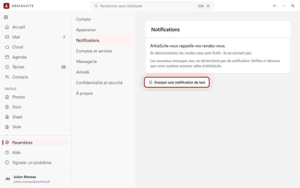 « Envoyer une notification de test »