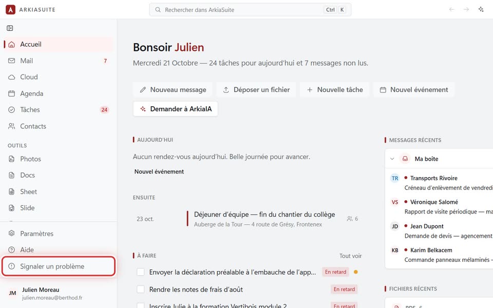 « Signaler un problème », en bas de la colonne de gauche